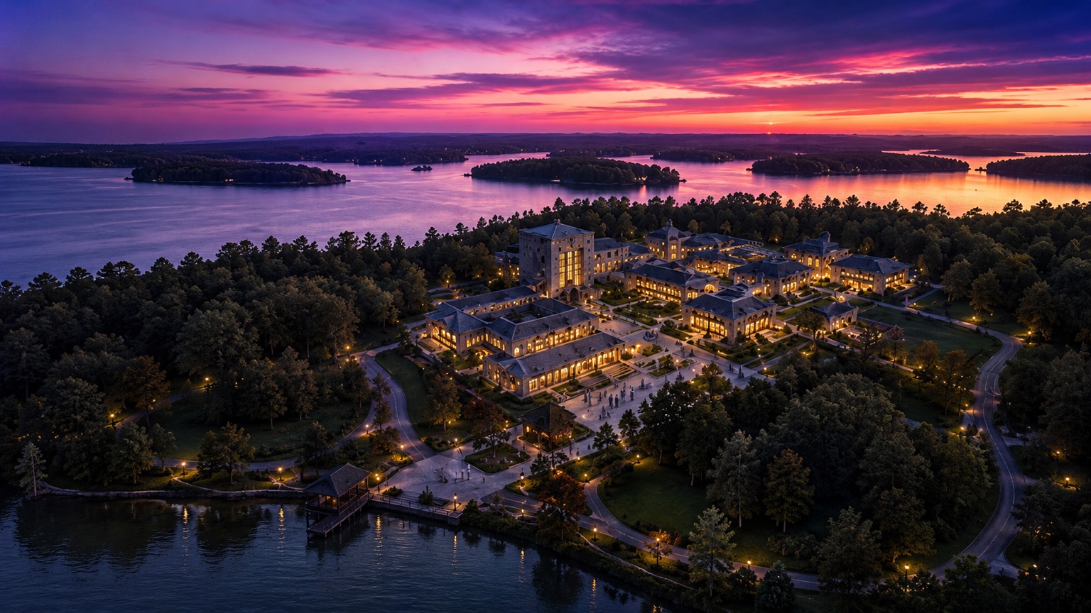 An aerial destination campus among forest and water at sunset