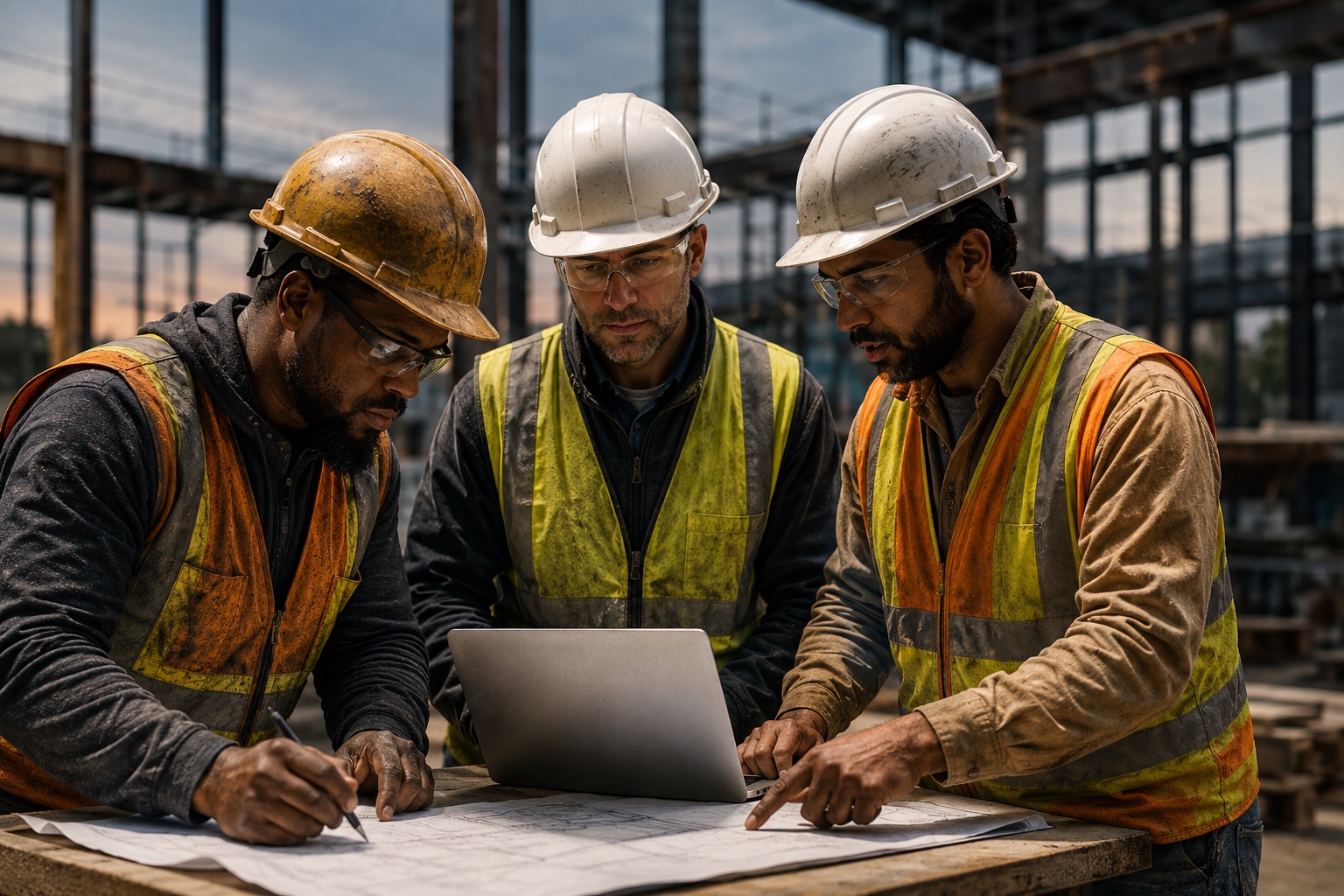 Construction professionals coordinating from plans on site