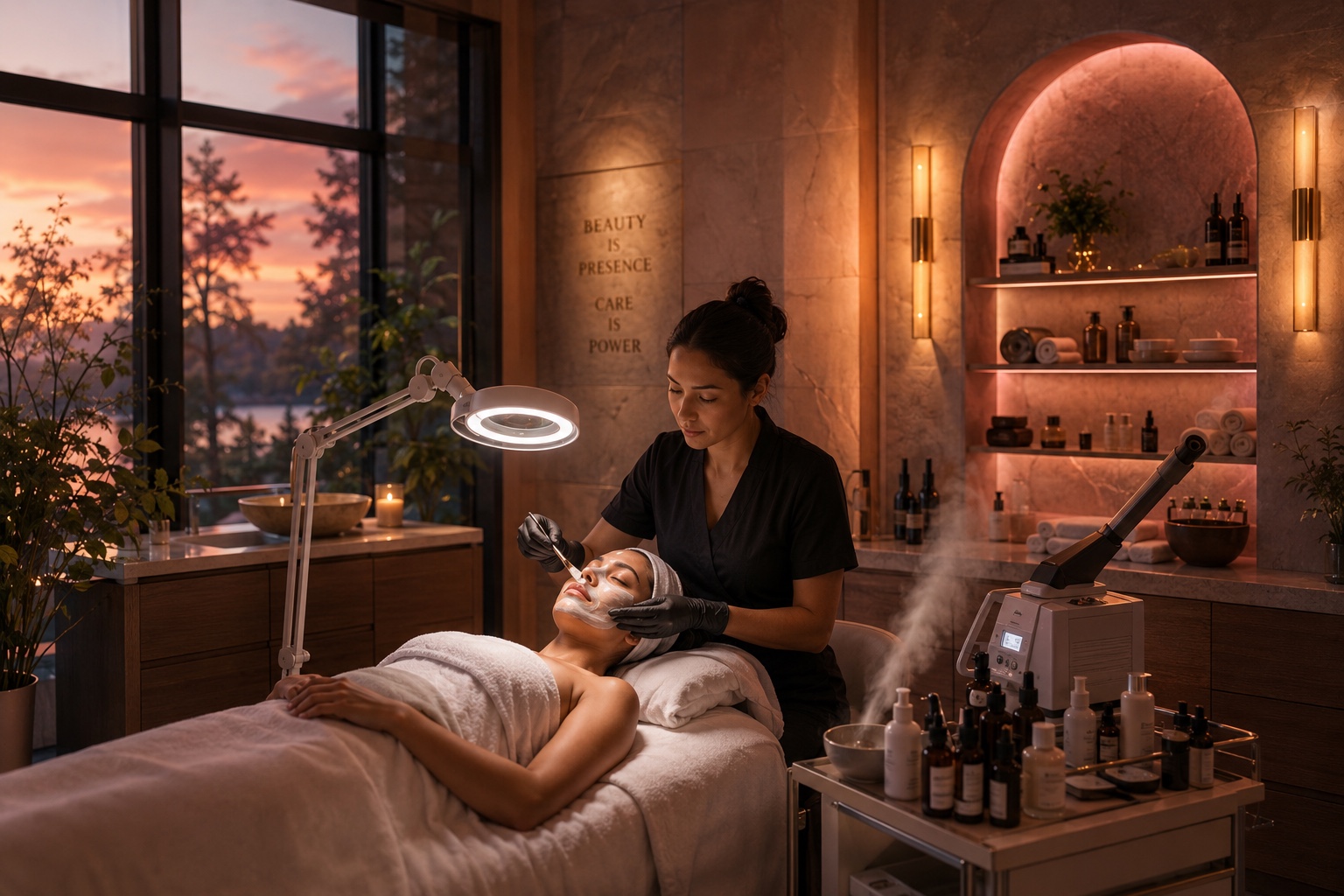 An aesthetician providing a facial treatment in a refined wellness studio