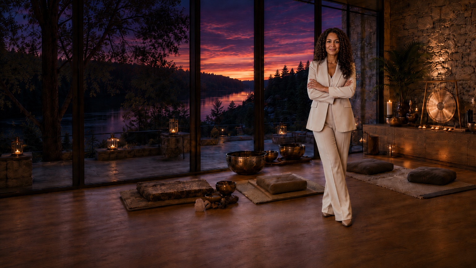 A woman wellness studio owner standing confidently in her lakeside practice space