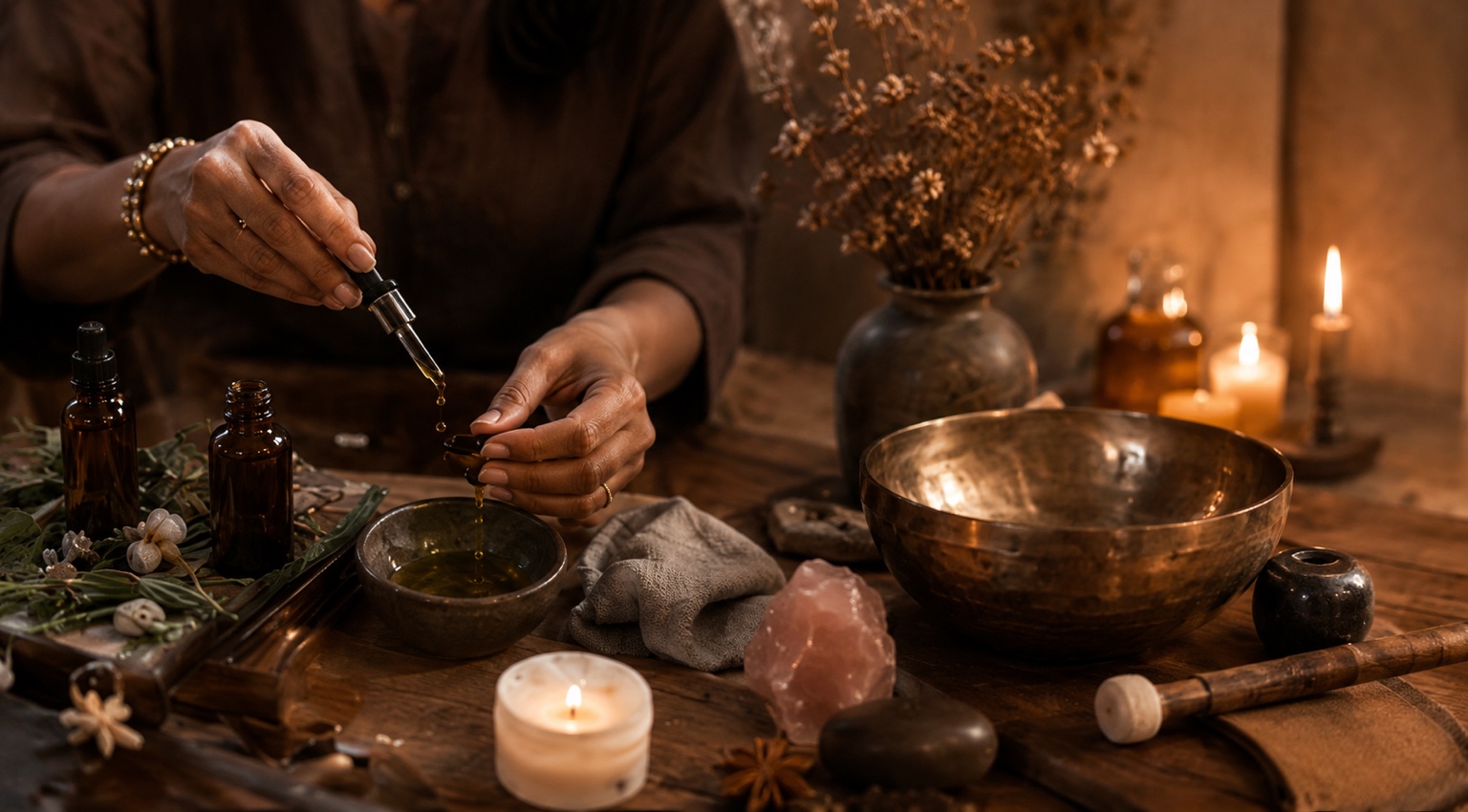A practitioner preparing botanical oils for a restorative ritual