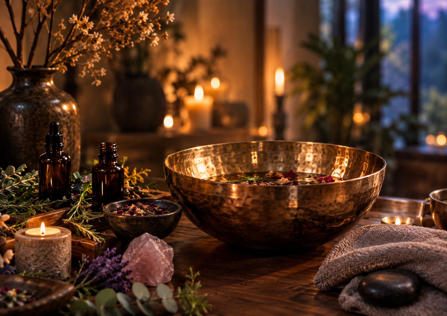 A restorative sound bowl ritual prepared with botanicals, candles, and stone