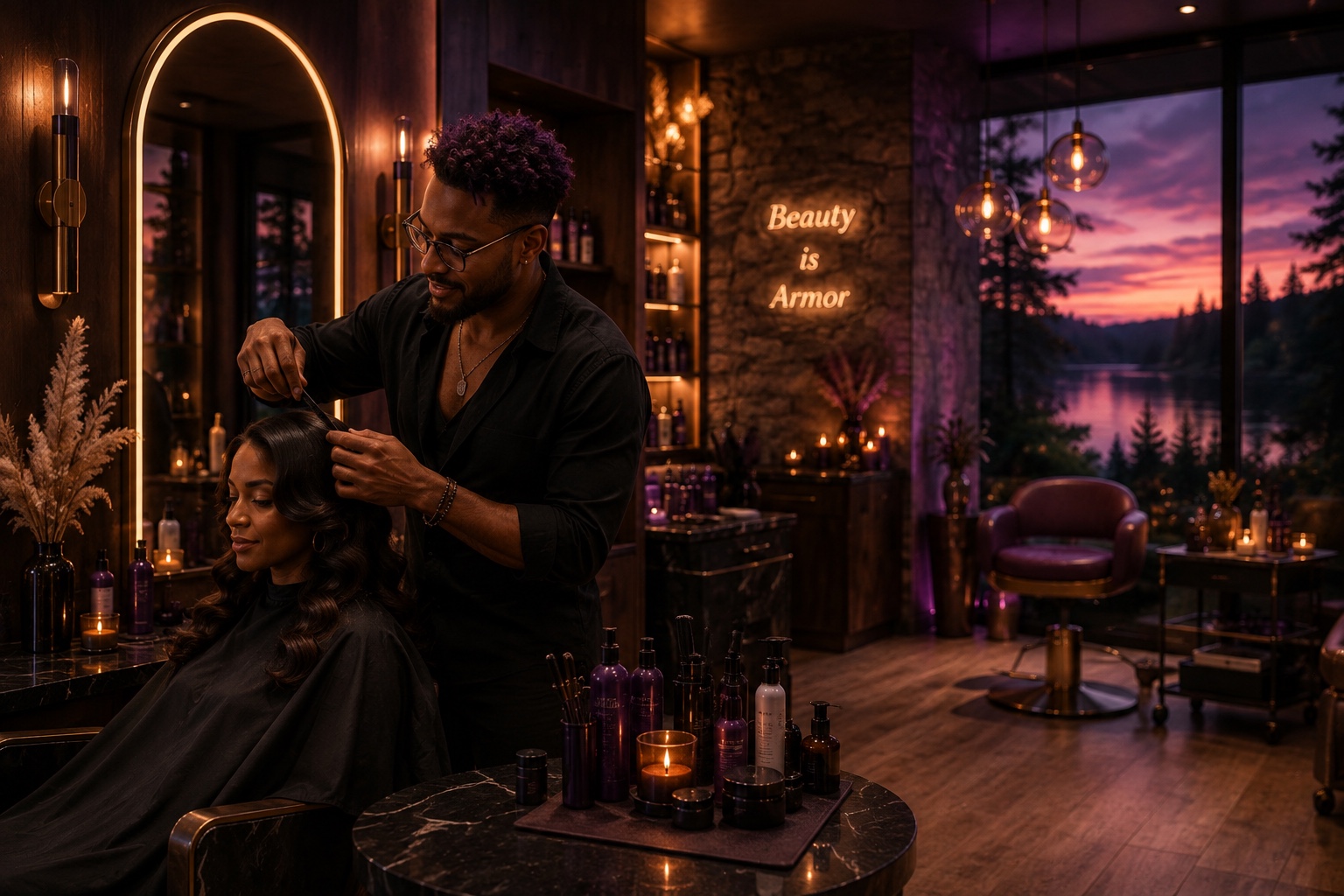 A hairstylist caring for a guest in a sophisticated lakeside salon