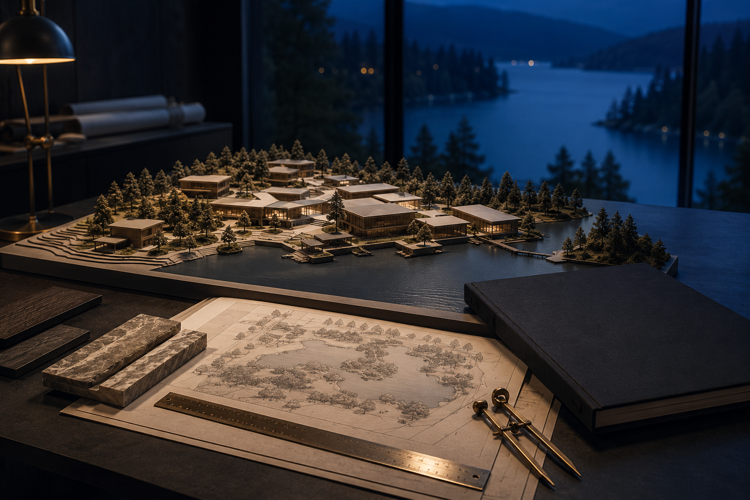 A carefully planned lakeside campus model with site plans, material samples, and drafting tools