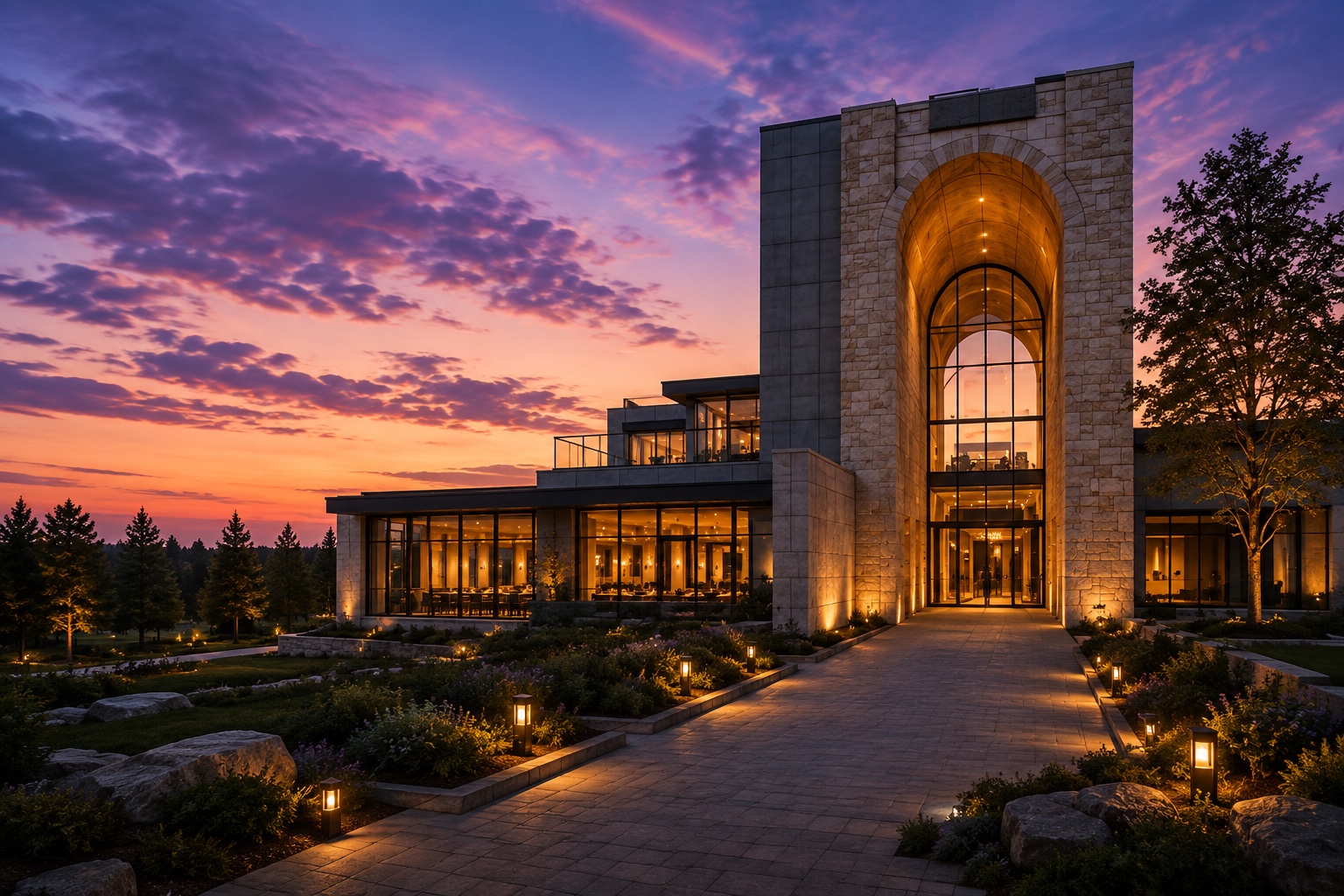 A monumental stone and glass destination entrance at sunset