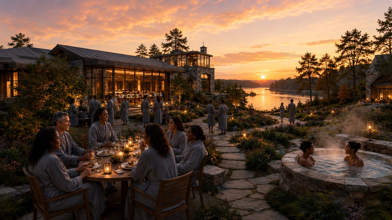 Guests dining, gathering, and restoring beside water at sunset