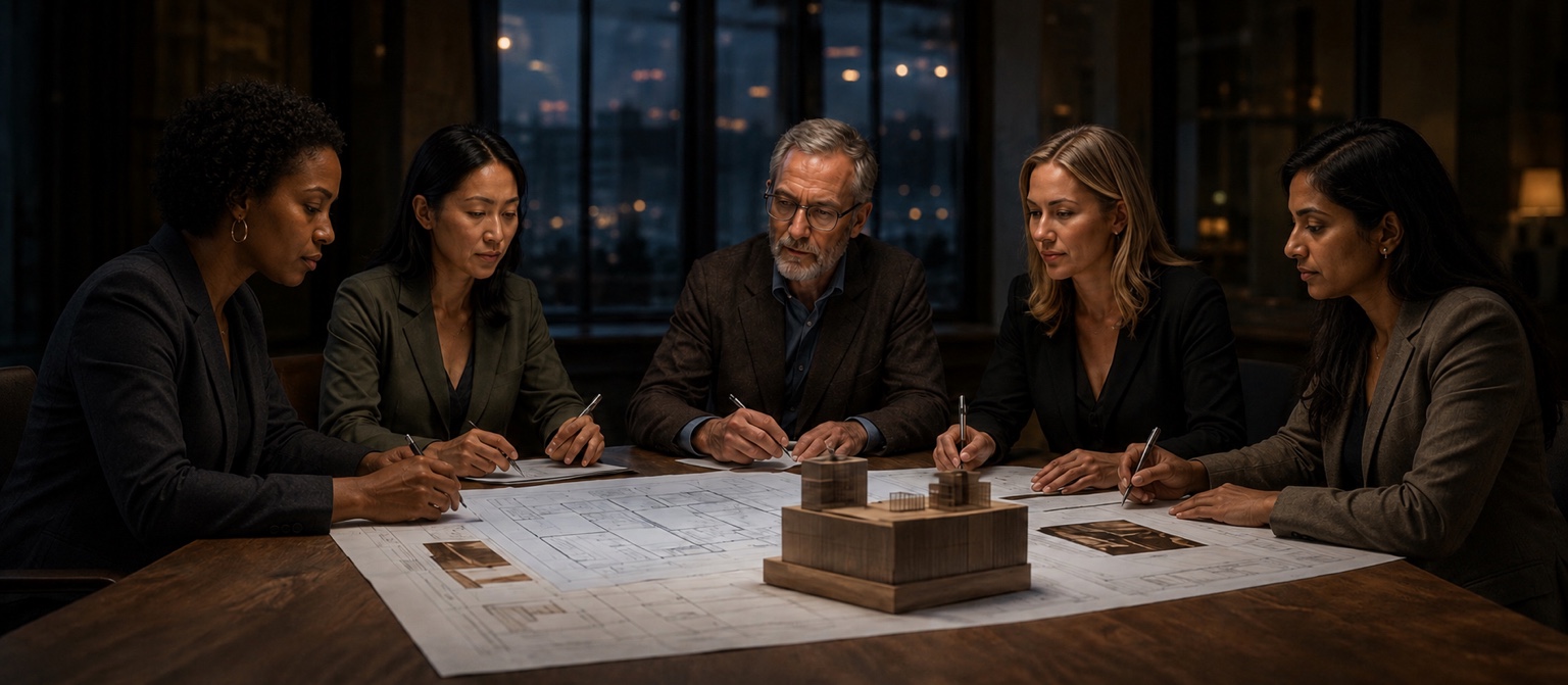 A diverse development team planning around an architectural model
