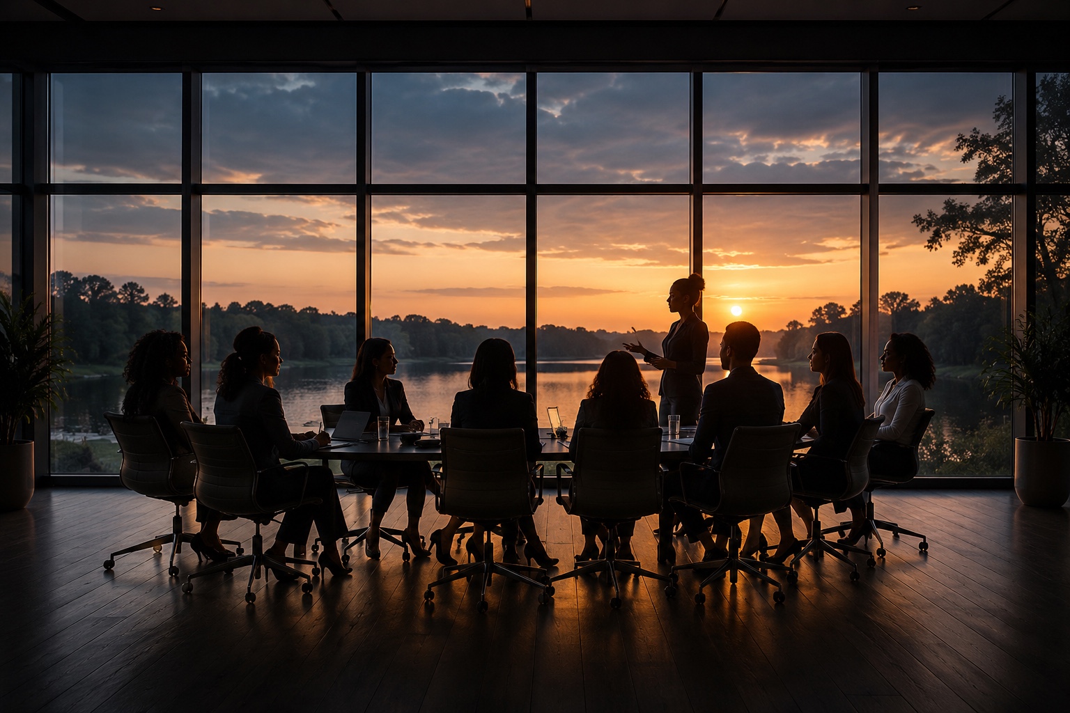Women leading a strategy meeting overlooking the water