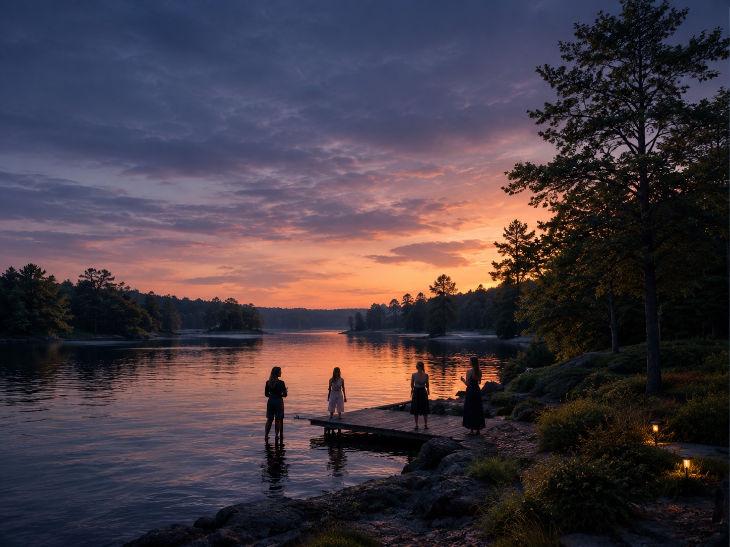 Women gathered at the water’s edge at twilight