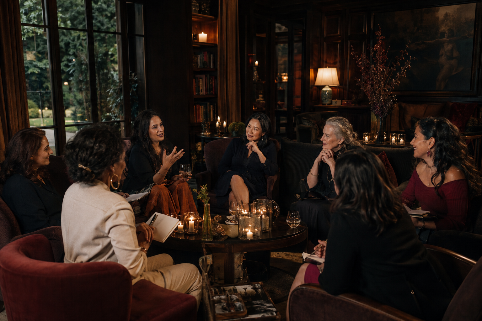 Women exchanging ideas in an intimate evening salon
