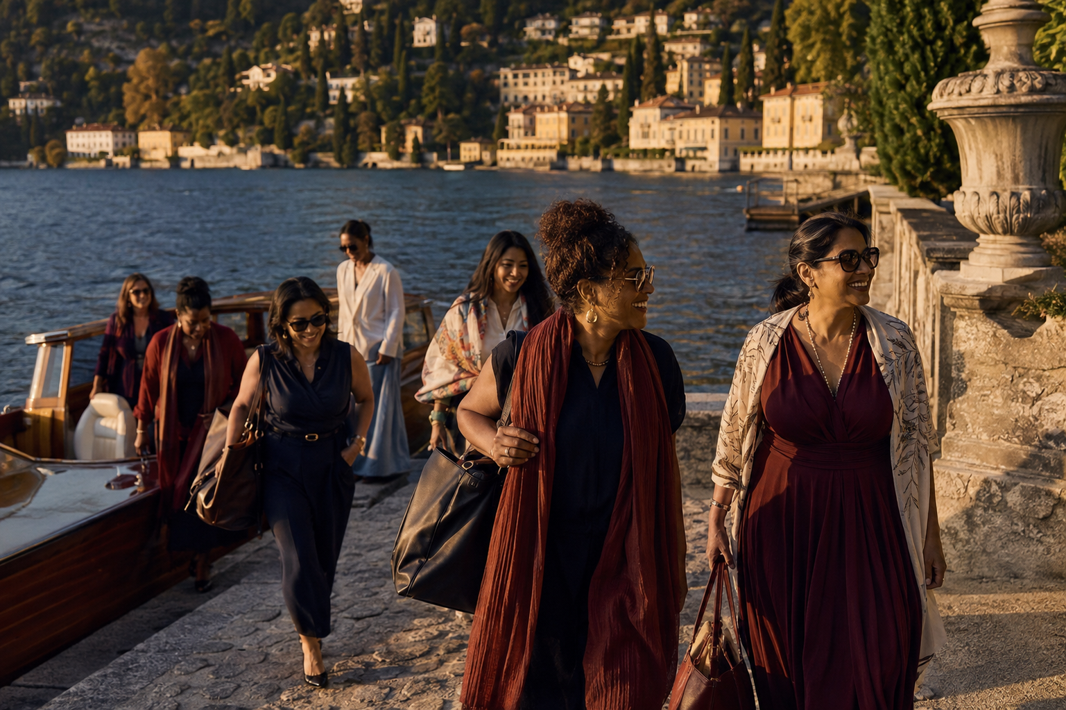 Women arriving together by boat for a lakeside journey